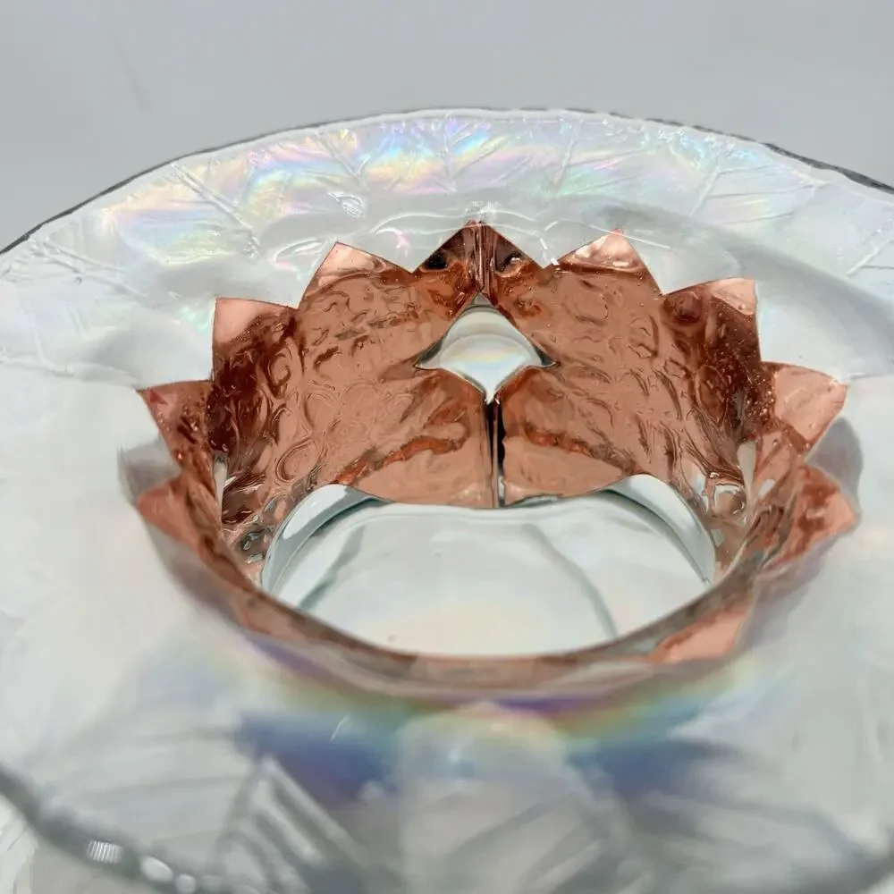 Silvestri Mouth Blown Iridescent Glass Vase with Copper Tone Collar 11.5